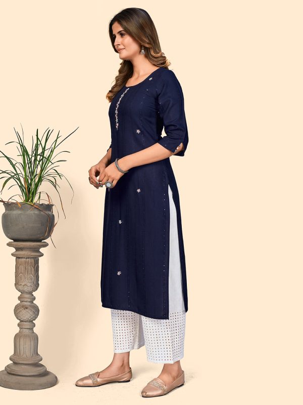 NOZ2TOZ Women s Sequience & Hand Work Straight Viscose Navy Blue Stitched Kurta Supply