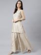 Janasya Women s Beige Chinon Embellished Kurta With Kali Palazzo And Dupatta on Sale