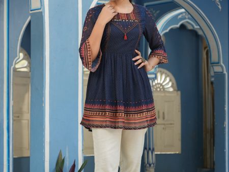 Juniper Indigo Georgette Festive Printed Flared Tunic For Women For Sale