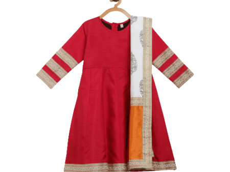 Ahalyaa Red Poly Silk Anarkali Kids Kurta With Dupatta Set For Girls Hot on Sale