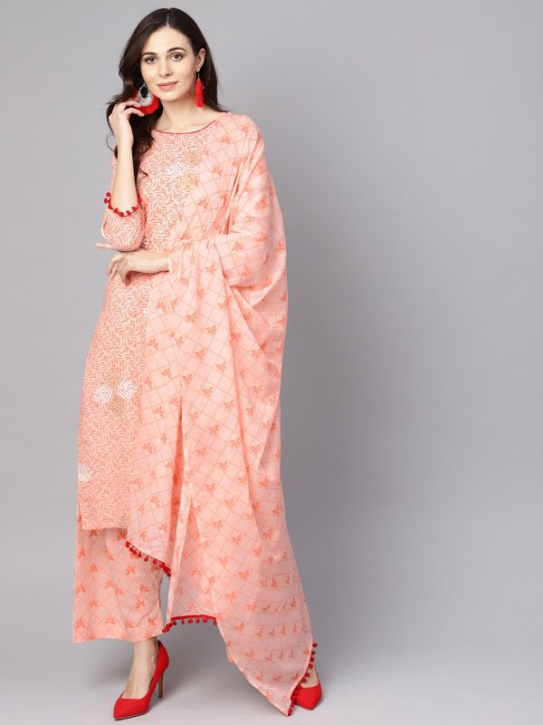 NOZ2TOZ Baby Pink Printed 3 4Th Sleeve Cotton Kurta With Patiala And Dupatta Discount