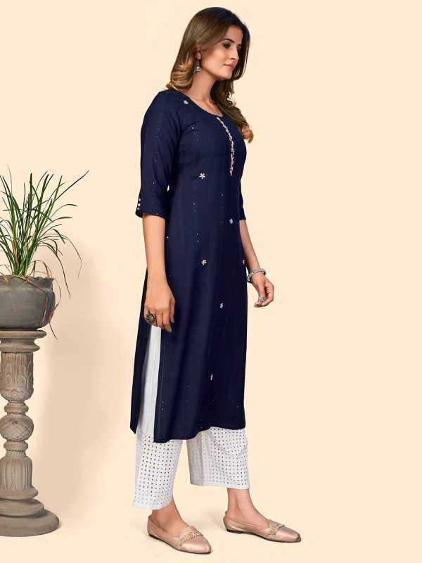 NOZ2TOZ Women s Sequience & Hand Work Straight Viscose Navy Blue Stitched Kurta Supply