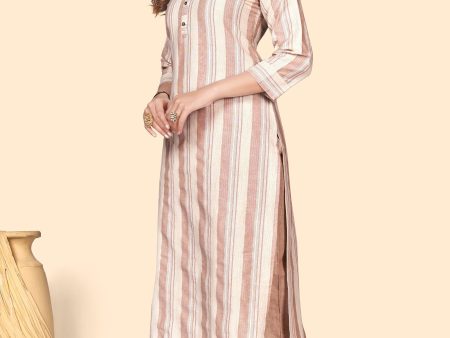 NOZ2TOZ Women s Striped Print Straight Cotton Blend Brown Stitched Kurta With Pant on Sale