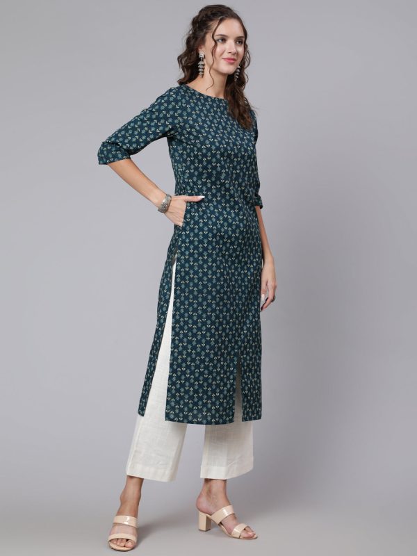 Noz2Toz Women Teal Blue Printed Straight Kurta With Three Quarter Sleeves Sale