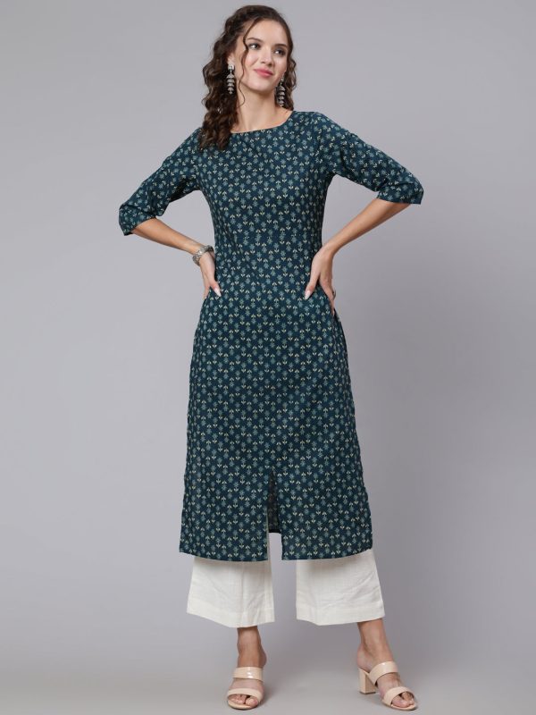 Noz2Toz Women Teal Blue Printed Straight Kurta With Three Quarter Sleeves Sale