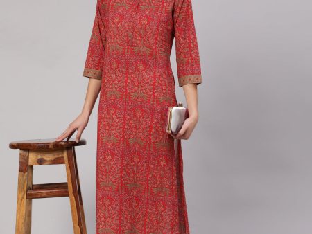 NOZ2TOZ Women Red Printed Straight Kurta With Three Quarter Sleeves Supply