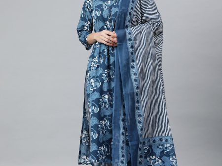 Janasya Women s Blue Cotton Block Print Kurta With Pant And Dupatta Fashion