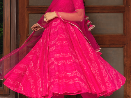 Pomcha Jaipur Bhandhej Pink Cotton Anarkali Set Fashion