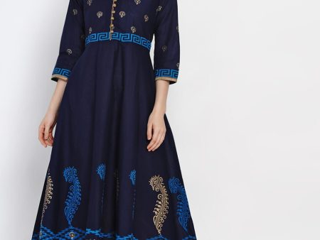 Wahe-NOOR Women s Coral Blue Cotton Anarkali With Ajrakh Hand Block Print Supply