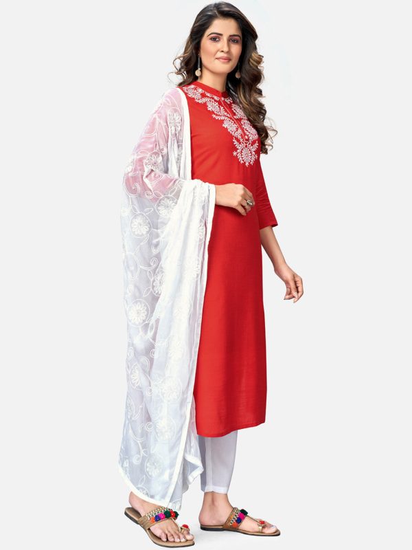 NOZ2TOZ Women s Red Kurta & Pant With Dupatta Set- (3pcs Set) Fashion