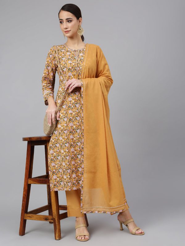 Janasya Women s Light Brown Cotton Floral Print Kurta With Pant And Dupatta Supply