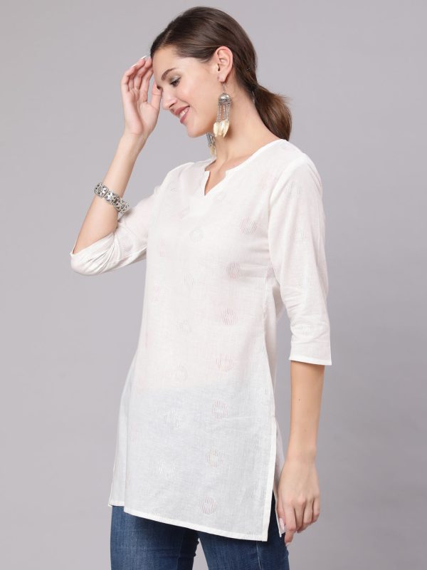 NOZ2TOZ Women White Printed Straight Tunic With Three Quarter Sleeves Fashion