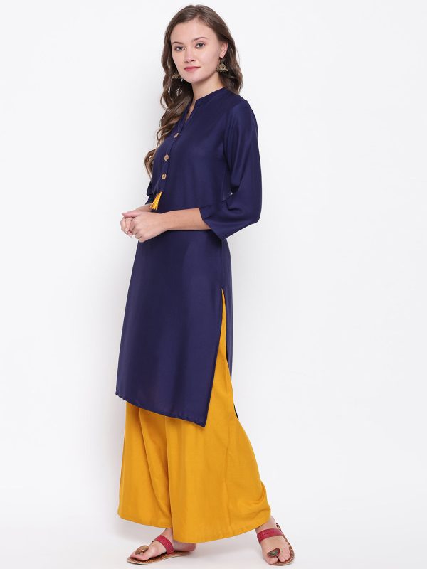 NOZ2TOZ Women s Solid Straight Rayon Blue Kurti Supply