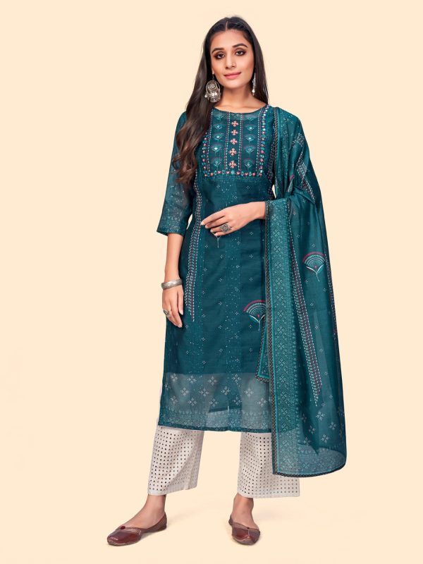 NOZ2TOZ Women s Sequience & Embroidered Straight Chanderi Teal Blue Stitched Kurta With Dupatta Cheap