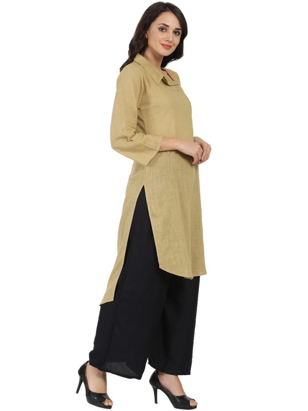 NOZ2TOZ Beige 3 4Th Sleeve Cotton Slub Straight Kurta For Cheap