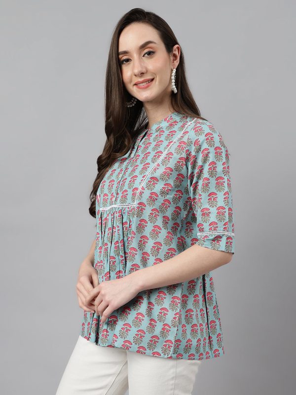 Janasya Women s Aqua Blue Cotton Floral Print A-Line Top For Sale