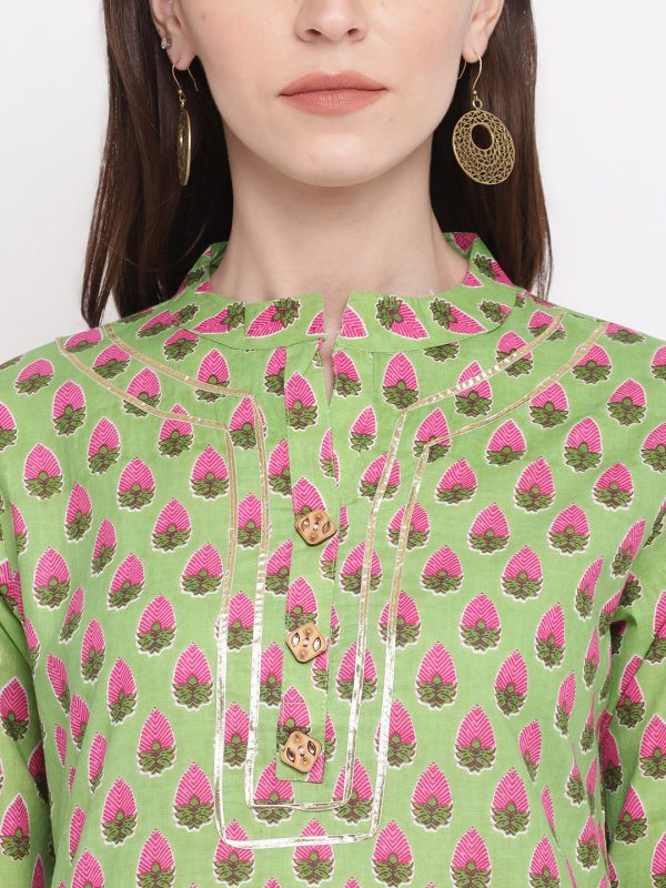 NOZ2TOZ Women s Printed, Lace Work Straight Cotton Parrot Green Kurti Online now