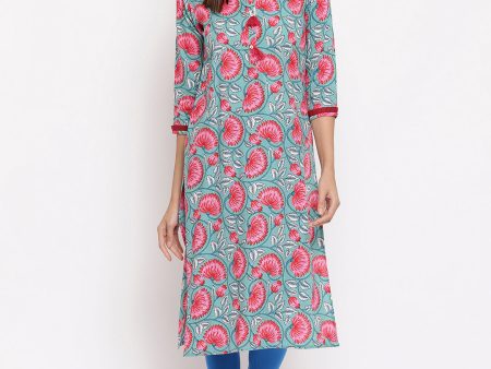 NOZ2TOZ Women s Turquoise Blue Floral Print Kurti- (1pc Set) Cheap