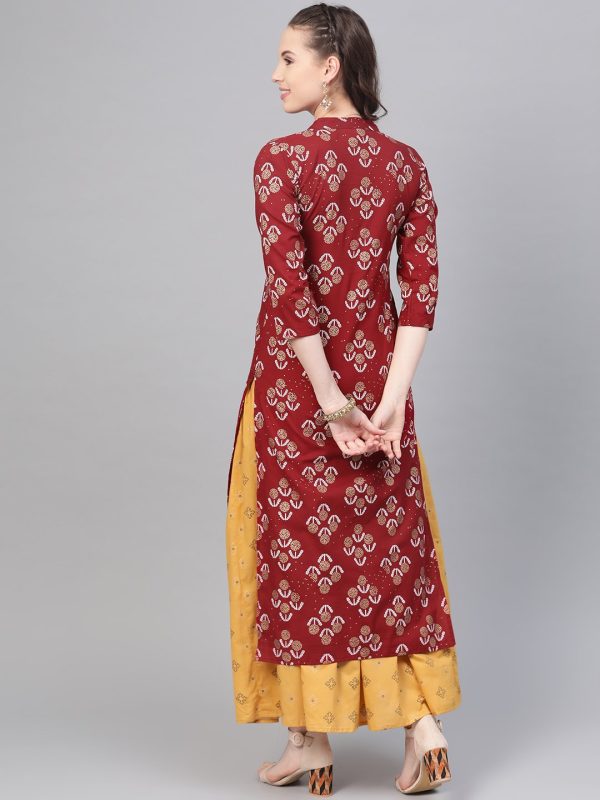 NOZ2TOZ Berry Red & Mustard Yellow Gold Printed Kurta Set With Skirt For Discount