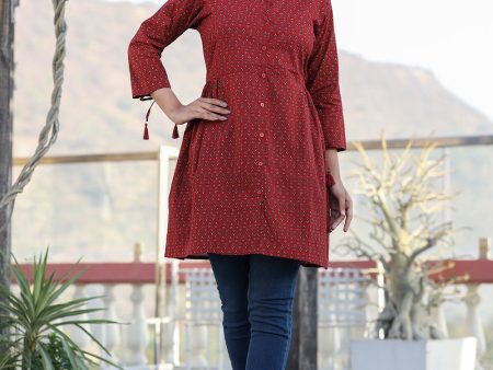 Kaajh Maroon Printed Shirt Style Cotton Tunic on Sale