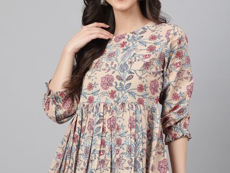 Janasya Women s Beige Cotton Floral Print Peplum Top Online now