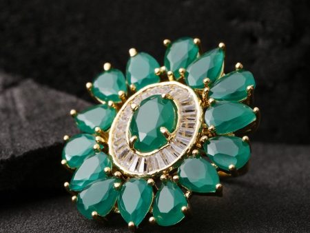 Priyaasi Designer Emerald Stone Studded Gold Plated Green Floral Design Stylish Adjustable Ring For Women And Girls Hot on Sale