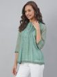 Janasya Women s Green Kota Doria Embellished Regular Top Online Hot Sale