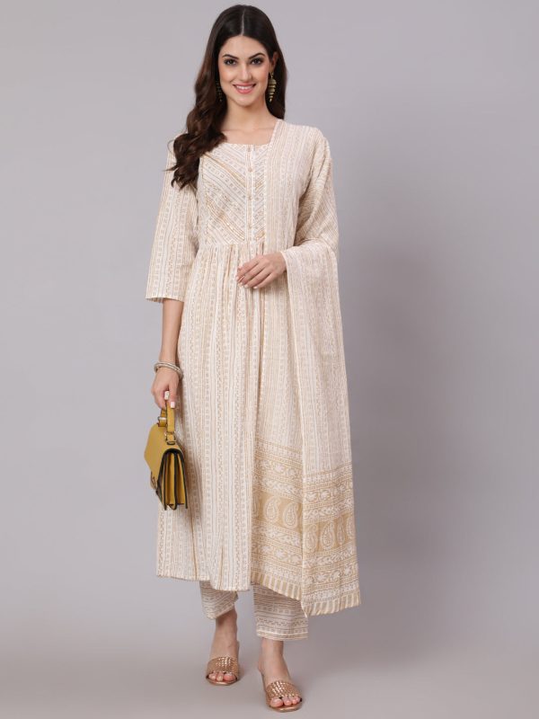 NOZ2TOZ Women White & Gold Sequence Yoke Kurta With Trouser And Dupatta Online Hot Sale