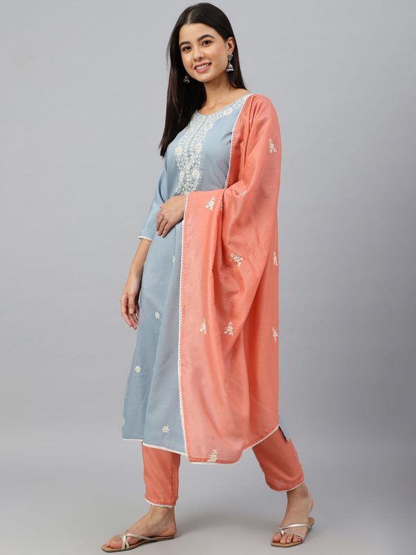 Janasya Women s Grey Poly Silk Floral Embroidery Kurta With Pant And Dupatta Discount