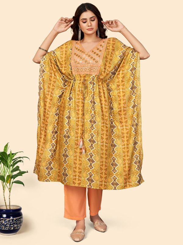 NOZ2TOZ Women Yellow Rayon Kaftan Kurta With Pant (2pcs Set) Fashion