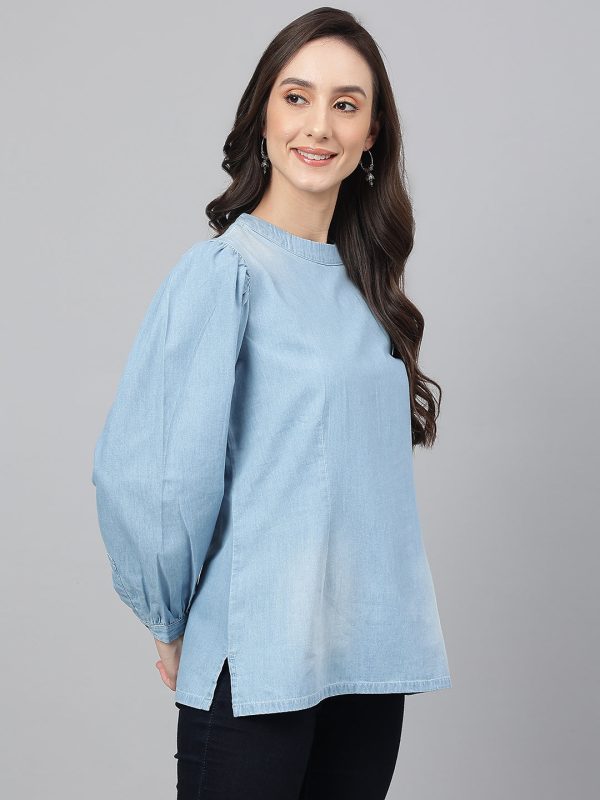 Janasya Women s Light Blue Denim Solid Regular Top Online now