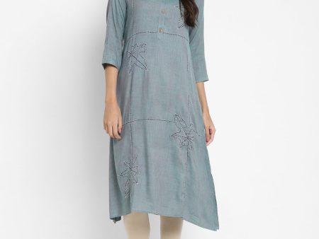 NOZ2TOZ Women s Solid & Hand Work Straight Rayon Aqua Kurta For Discount