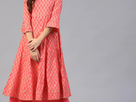 Wahe-NOOR Women s Coral Pink & Golden Printed Kurta With Palazzos Online Hot Sale