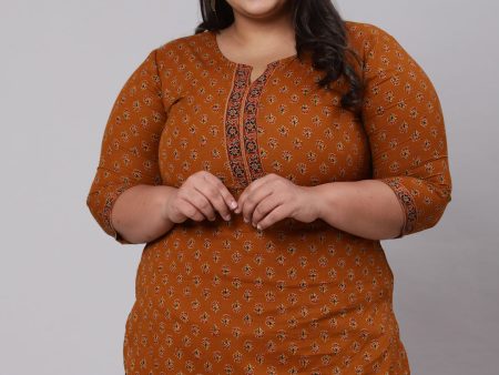 NOZ2TOZ Women Plus Size Mustard Ethnic Tunic With Three Quarter Sleeves on Sale