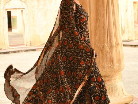 Janasya Women s Black Cotton Floral Block Print Kurta With Flared Palazzo And Dupatta Online Sale