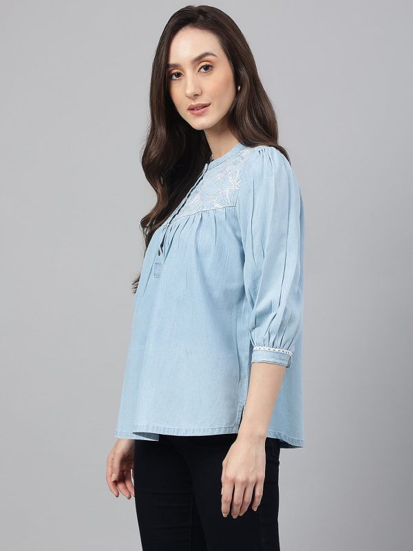 Janasya Women s Light Blue Denim Embroidered Flared Top Online now