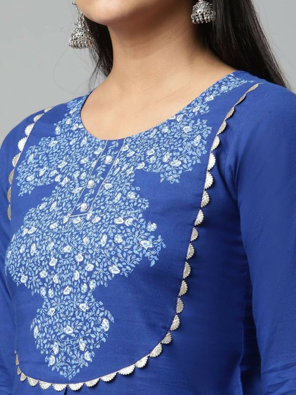 Ahalyaa Womens Royal Blue Pure Cotton Printed Tunic Palazzo Set For Sale