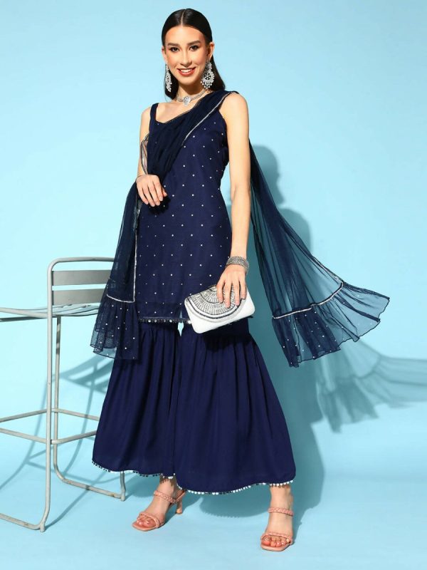 Ahalyaa Women Navy Blue Colour Crepe Foil Printed Kurta Sharara Set With Dupatta Sale