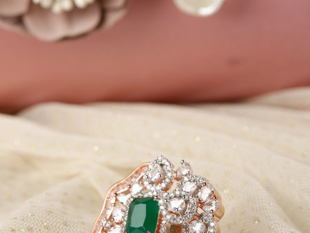 Priyaasi Designer Handcrafted CZ Studded Gold Plated Green And White Party Wear Ring For Women And Girls Online Sale