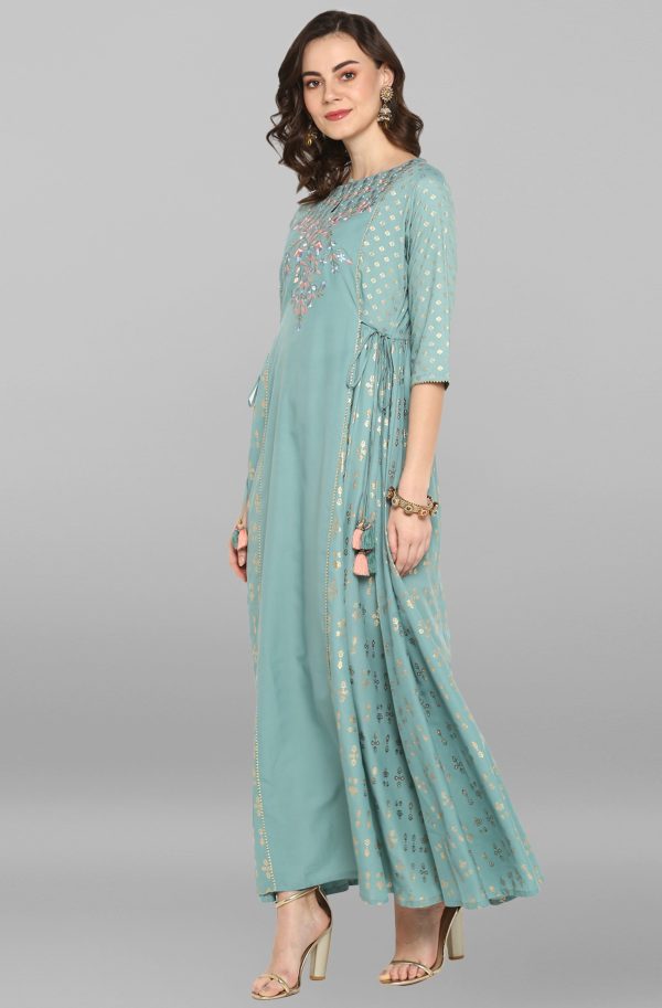 Janasya Women s Green Rayon Embroidered Flared Ethnic Dress Sale