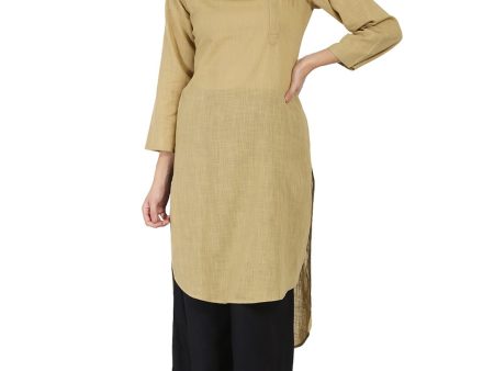 NOZ2TOZ Beige 3 4Th Sleeve Cotton Slub Straight Kurta For Cheap