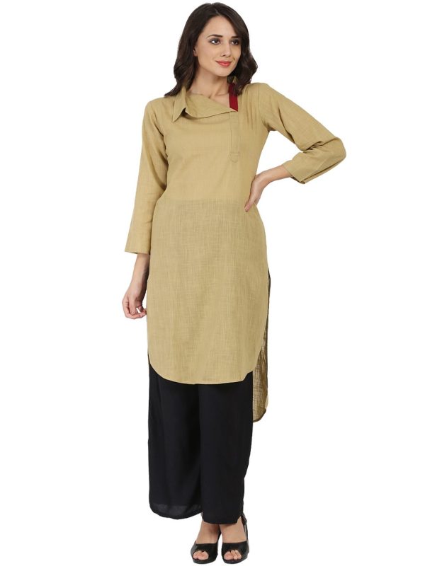 NOZ2TOZ Beige 3 4Th Sleeve Cotton Slub Straight Kurta For Cheap