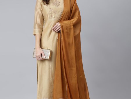 Janasya Women s Beige Chanderi Silk Solid Kurta With Pant And Dupatta Online