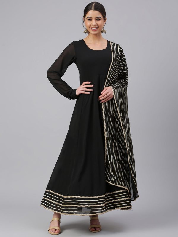 Janasya Women s Black Georgette Solid Kurta With Dupatta Online Hot Sale