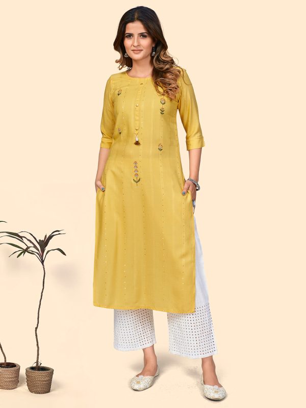 NOZ2TOZ Women s Sequence & Hand Work Straight Viscose Yellow Stitched Kurta Online now