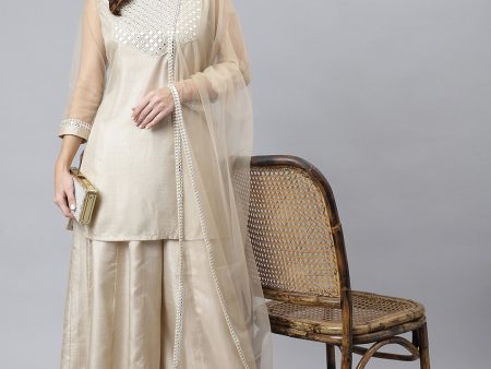 Janasya Women s Beige Chinon Embellished Kurta With Kali Palazzo And Dupatta on Sale