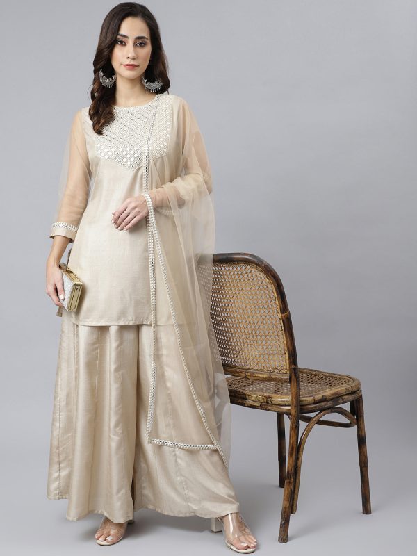 Janasya Women s Beige Chinon Embellished Kurta With Kali Palazzo And Dupatta on Sale