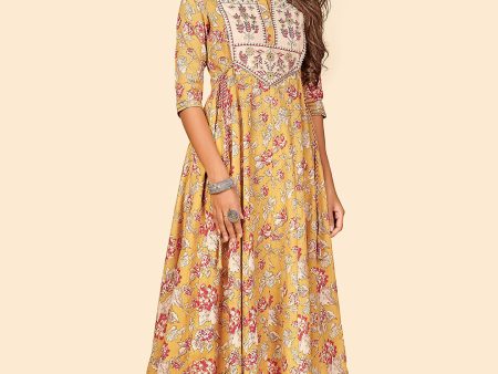 NOZ2TOZ Women s Printed Yellow Cotton Anarkali Kurta (1 Pc Set) Cheap