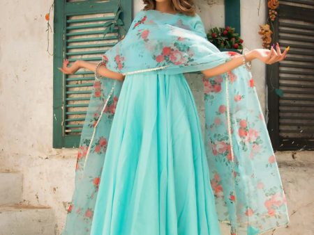 Pomcha Jaipur Blue Berry Pure Cotton Anarkali Set With Organza Dupatta Fashion