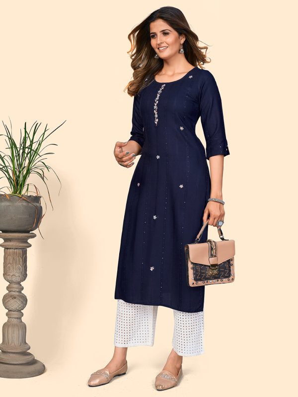 NOZ2TOZ Women s Sequience & Hand Work Straight Viscose Navy Blue Stitched Kurta Supply